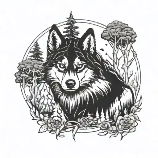 A Blackwork Tattoo Of A Red Husky Exploring A Mystical Forest Inspired By Legend Of Zelda