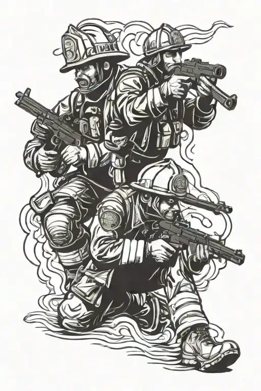 Fire Fighter And Soldier Holding A Gun