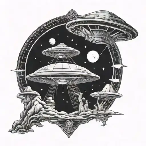 A Detailed Blackwork Tattoo Of A Ufo Abduction Scene With Intricate Alien Designs