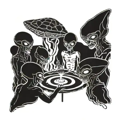 A Blackwork Tattoo Of A Group Of Aliens Communicating With A Ufologist Through Telepathy