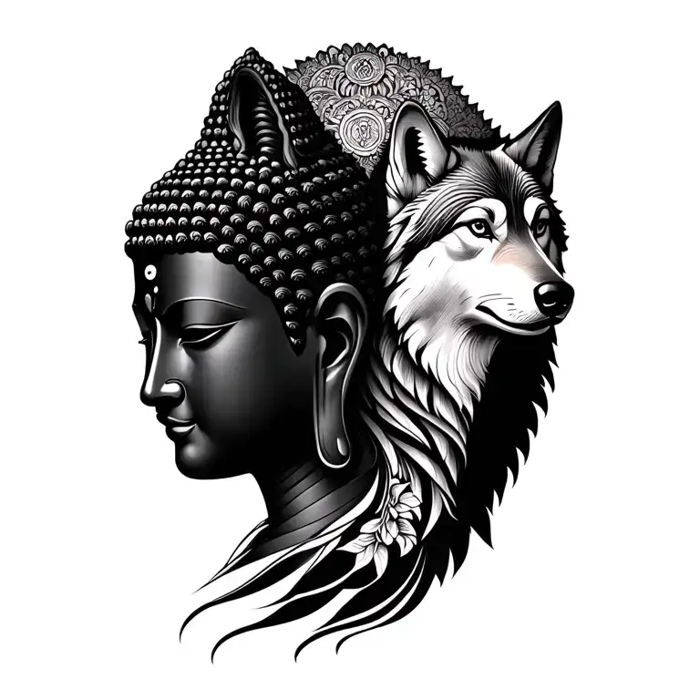 Buddha And Wolf Standing Back To Back