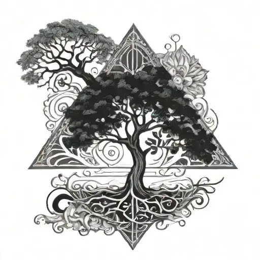 Tree Of Life Inside Triangle Shape With Yin Yang Symbol