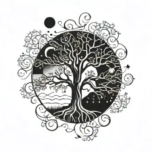 Life Of Tree With Sun And Moon Surrounded