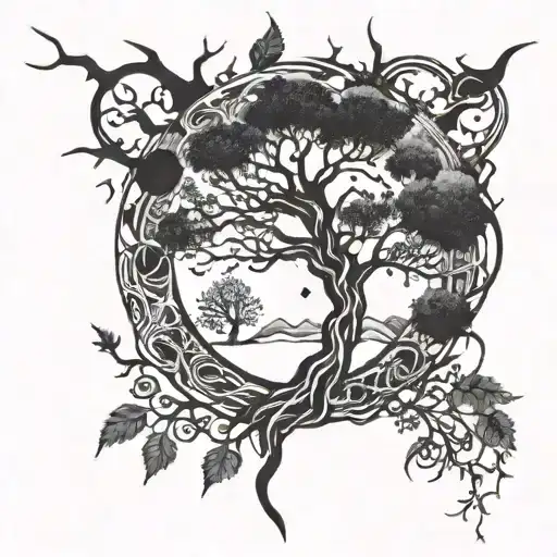 Life Of Tree With Sun And Moon Merging Together