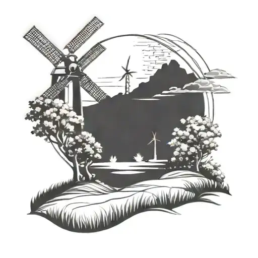 A Serene Landscape With Windmills In The Background And A Golf Course In The Foreground