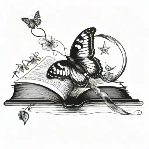 Butterfly Emerging From An Open Book With A Crescent Moon In The Background