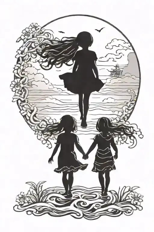 Daughters 3 And 5 In Silhoutte Going Towards Sunset