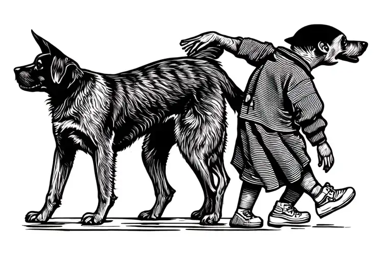 Father And Son Walking Their Dog