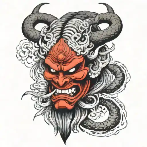 Japanese Oni Mask With A Snake