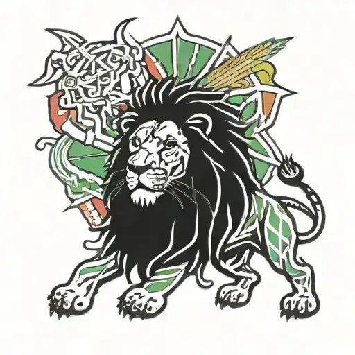 A Lion With A Reggae Color Scheme And A Judah Flag In The Background
