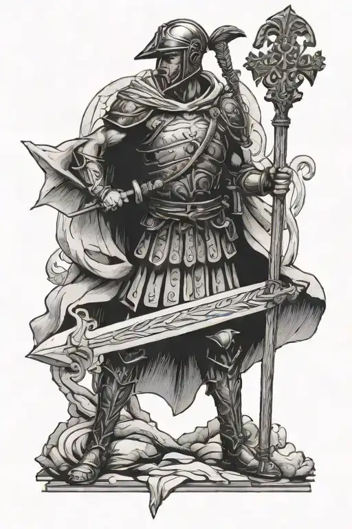 Roman Soldier Holding A Spear And Standing Below A Cross