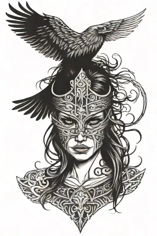 Sexy Viking Womans Face Being Covered By Ravens With A Viking Symbol On Her Chest