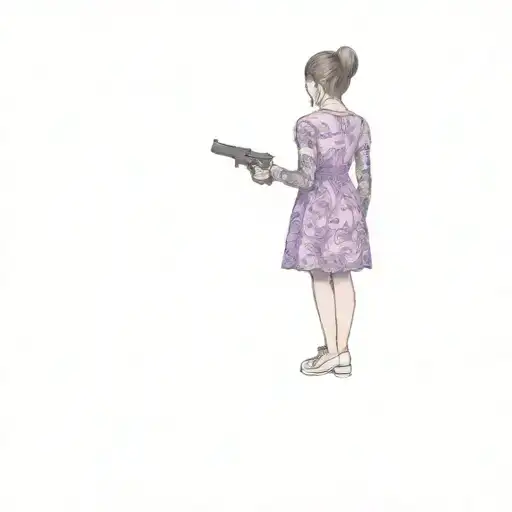 A Girl In A Purple Dress Drawn As Anekke And Holding A Smoking Gun Behind Her Back