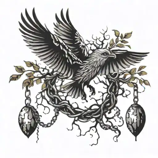 Bird With Open Wings Breaking Free From Being Chained To Tree Roots