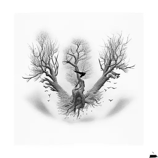 Deep Forest With Crows Flying Out Of It