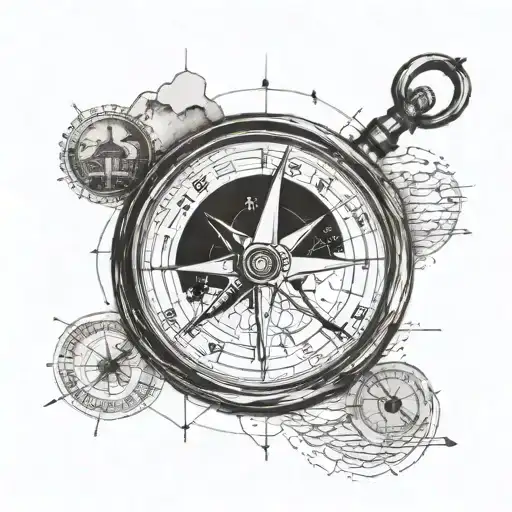 A Blackwork Tattoo Of A Compass Surrounded By Coordinates Of Significant Travel Memories