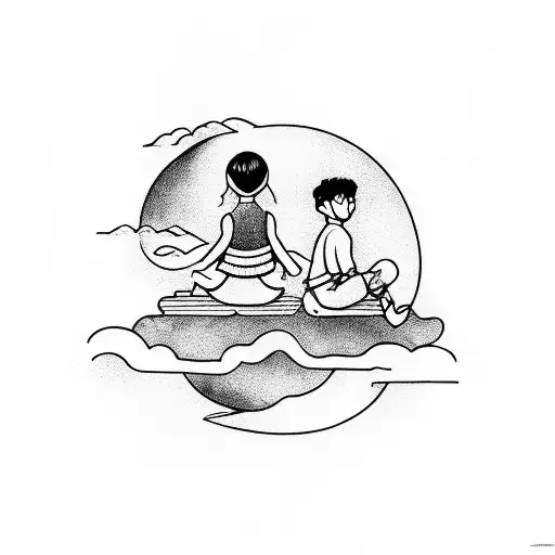 Shadow Of Girl And Boy Sitting On The Moon