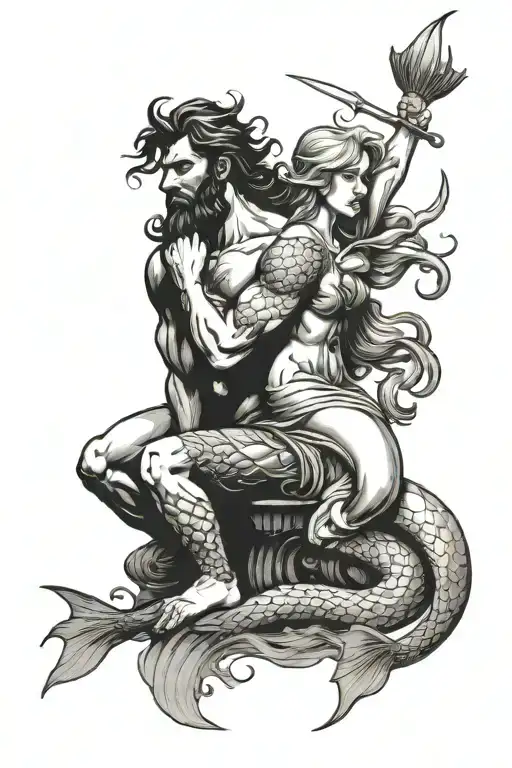 Poseidon And Mermaid Sitting