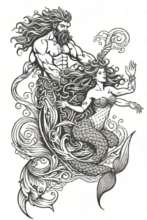 Poseidon And Mermaid Swimming