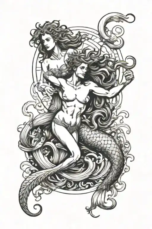Poseidon And Mermaid Swimming