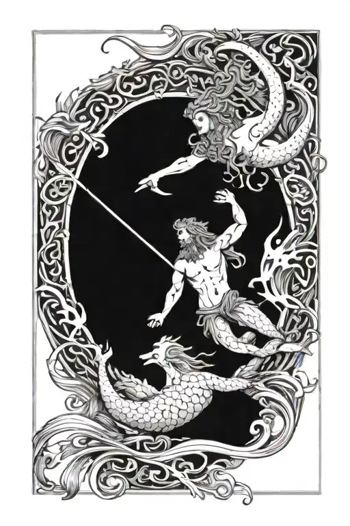 Poseidon And Mermaid Swimming
