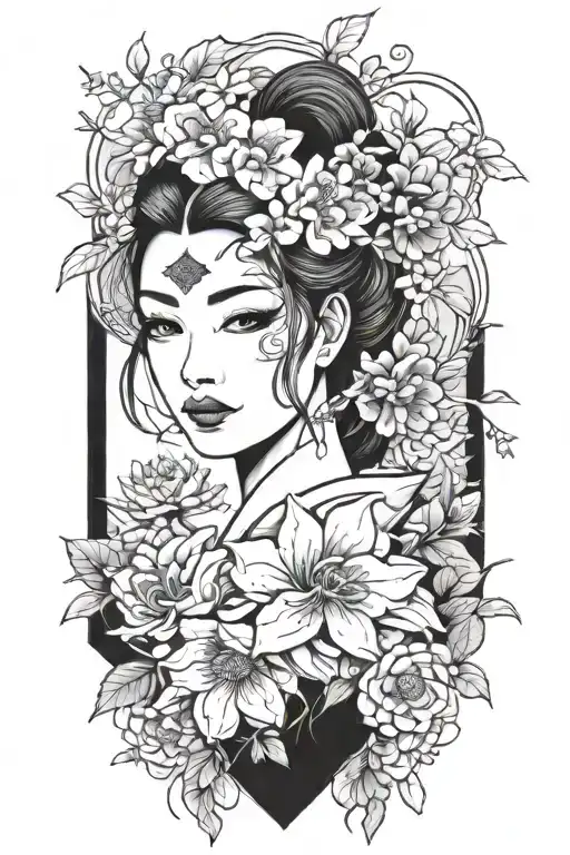 Pretty Woman With Japanese Mask And Flowers