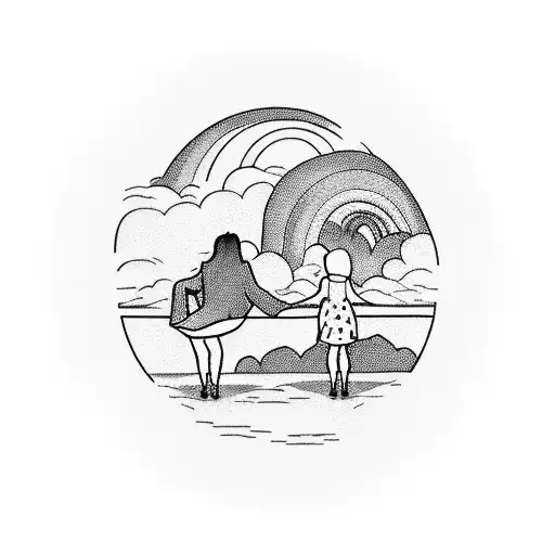 View From Behind Woman And Daughter On A Swing Under A Rainbow Over Looking A Lake