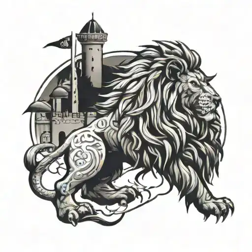 A Lion And Castle Intertwined In A Majestic Design