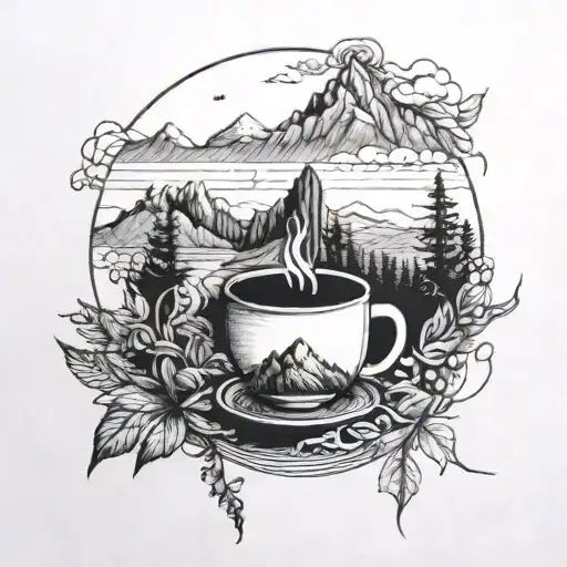A Detailed Blackwork Tattoo Of A Mountain Landscape With A Coffee Cup Hidden In The Design