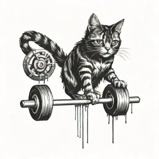 A Cat Lifting Weights With A Horror Movie Scene In The Background