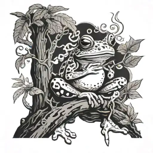 A Frog Sitting On A Tree Trunk Smoking A Joint Surrounded By Swirling Smoke And Nature Elements