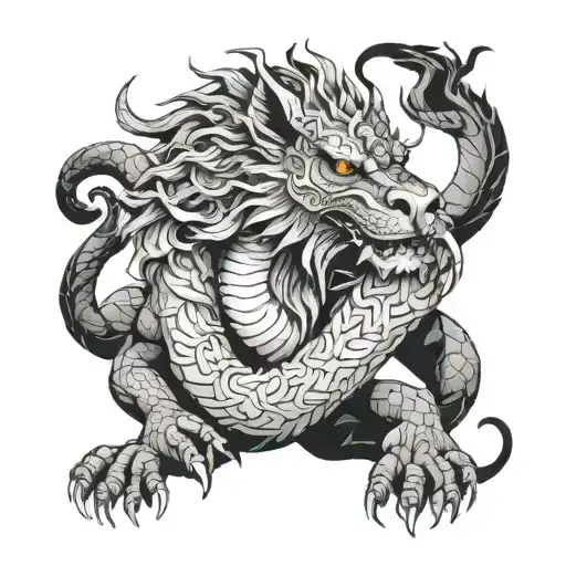 A Dragon Wrapped Around The Silhouette Of An Administradora With A Pack Of Lions Sat Their Feet