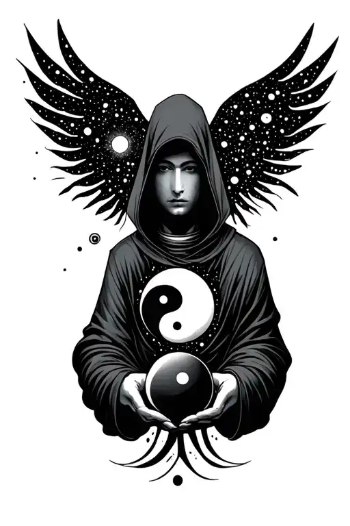 Hooded Monk With Space Constelation Face Holdin A Yin Yang Orb