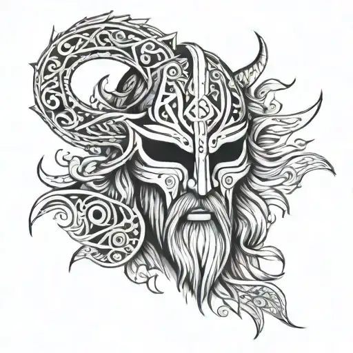 A Tyr Norse God Mask Tattoo Design Incorporating Elder Futhark Runes