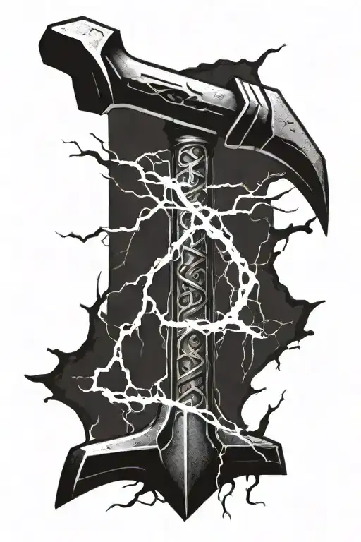 The Split Hammer Of Thor Mjollner With Lightning Bolts On The Background