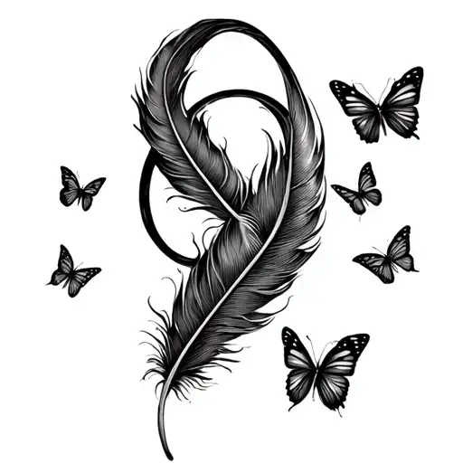 Feather With Infinity Sign That Wraps Around The Feather But Comes Out And Butterflies Fly Away