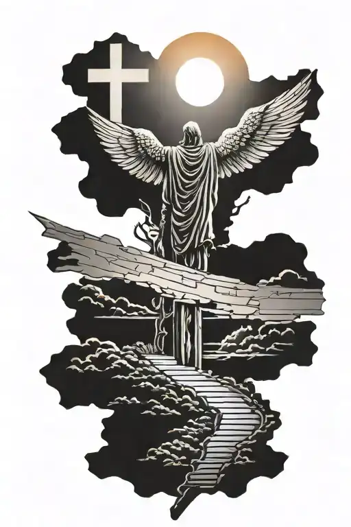 Man Walking Towards A Cross With Dove Flying And Sun Shining