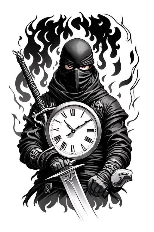 Ninja In Masked With Flamed Sword Time Clock