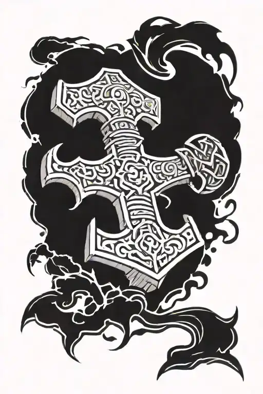 The Split Hammer Of Thor Mjolnir With Lightning Bolts On A Black Background And A Snake