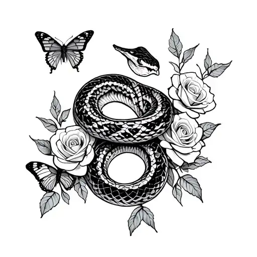 A Snake With With Roses And 3 Butterflys
