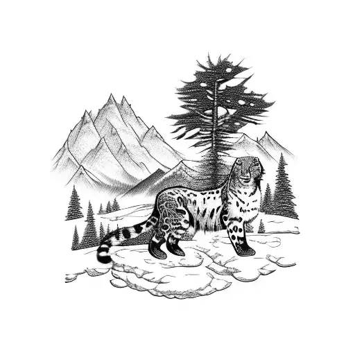 Snow Leopard In Between Tall Trees With Mountain In The Background