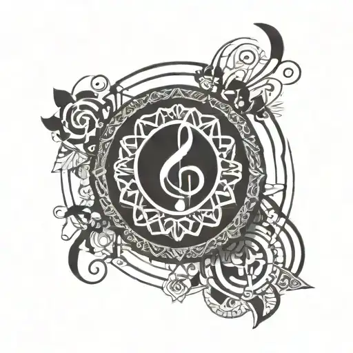 A Geometric Mandala Design Incorporating Musical Notes And Religious Symbols