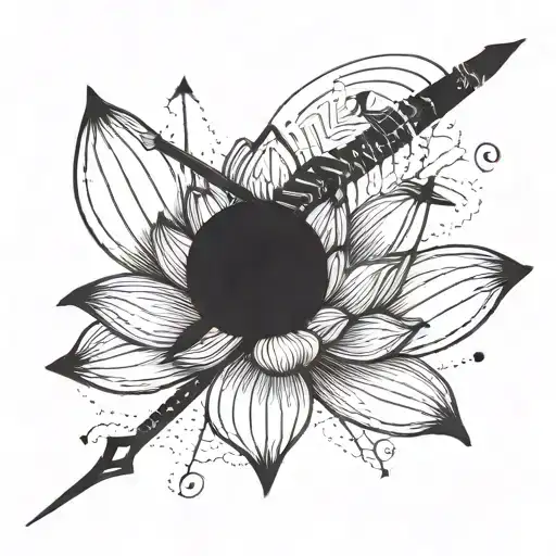 A Detailed Blackwork Tattoo Of A Lotus With Arrow Airplane And An Semi Colon