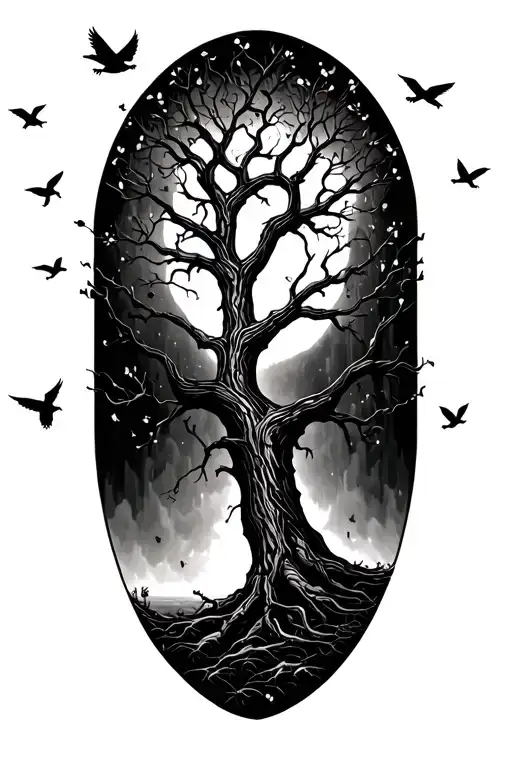 Withering Tree Of Life With Birds Flying Away