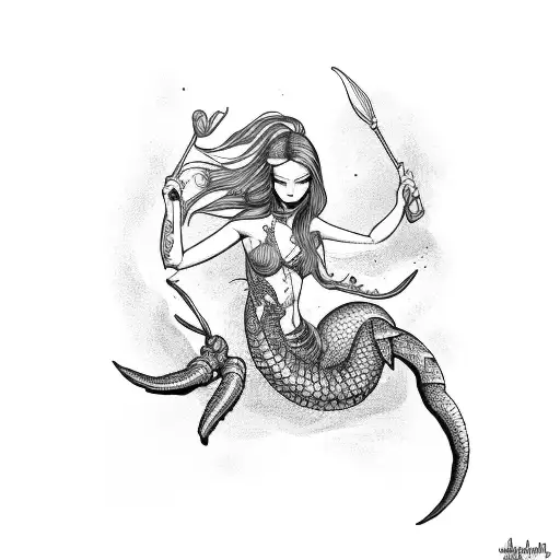 A Mermaid With A Scorpion In The Background Coiling Around Her