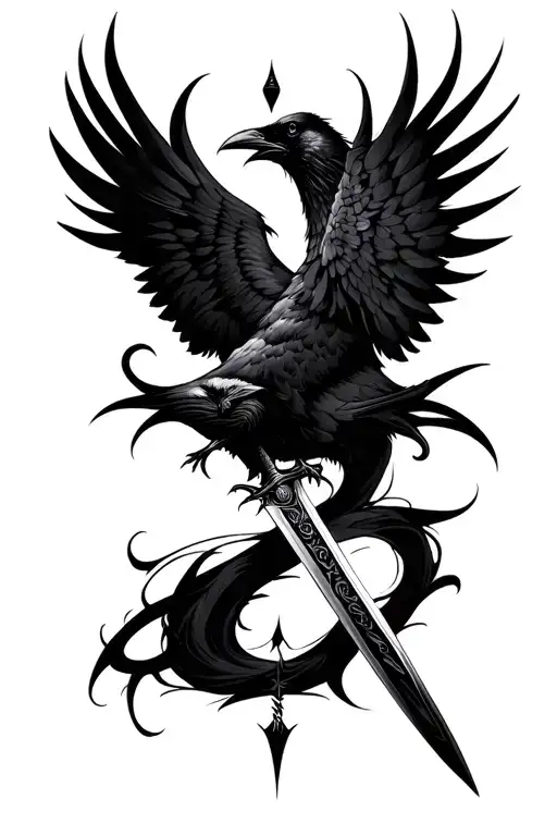 Tribal Sword Going Through A Raven Symmetrically