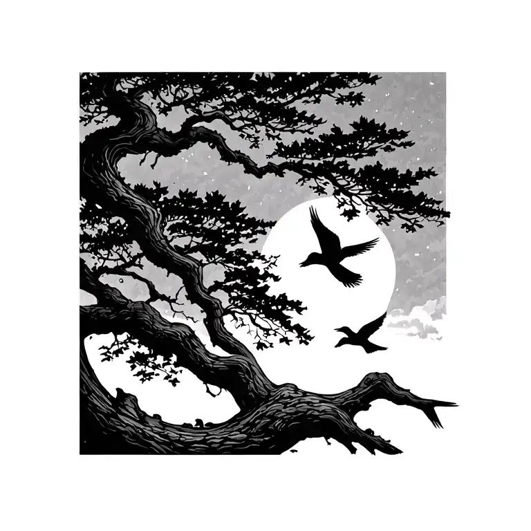 Trees With Birds Flying