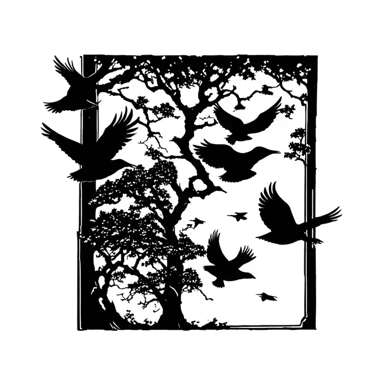 Trees With Birds Flying