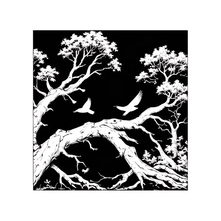 Trees With Birds Flying