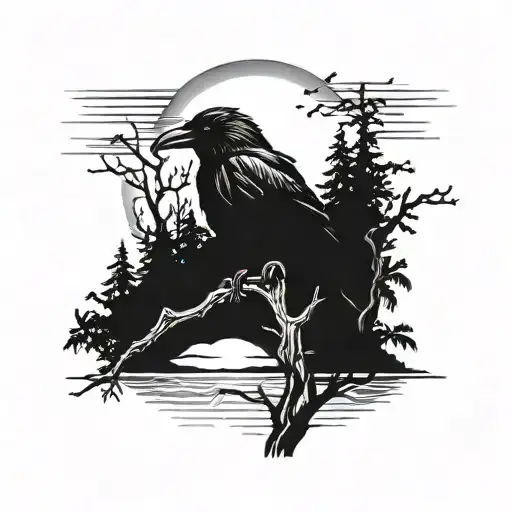 A Mystical Island With A Lone Black Raven Perched On A Tree Overlooking The Beach